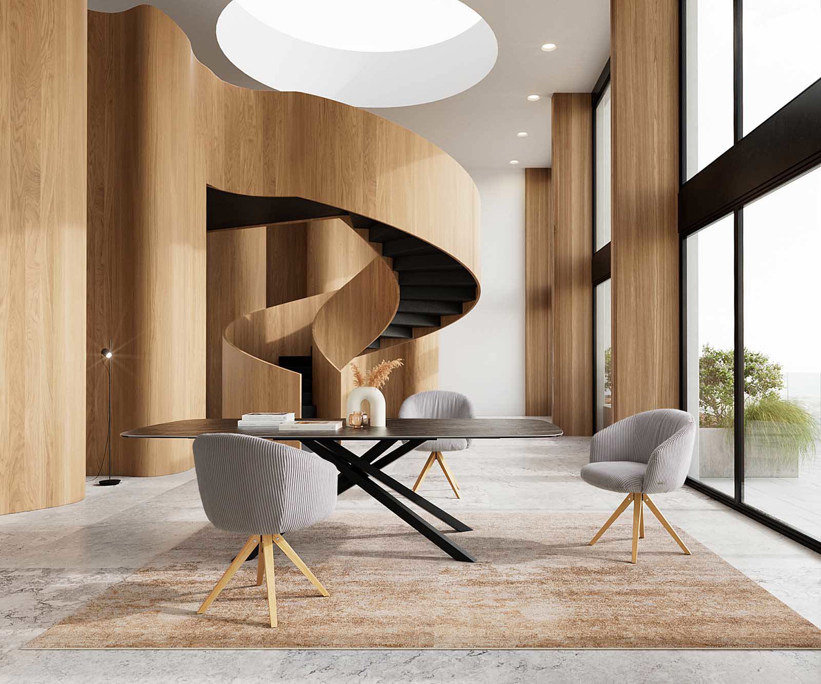 Chaise-pivotante Caja-Flex avec accoudoirs côtelé gris argenté pied en bois angulaire naturel pivotement sur 180° ressorts ensachés 5