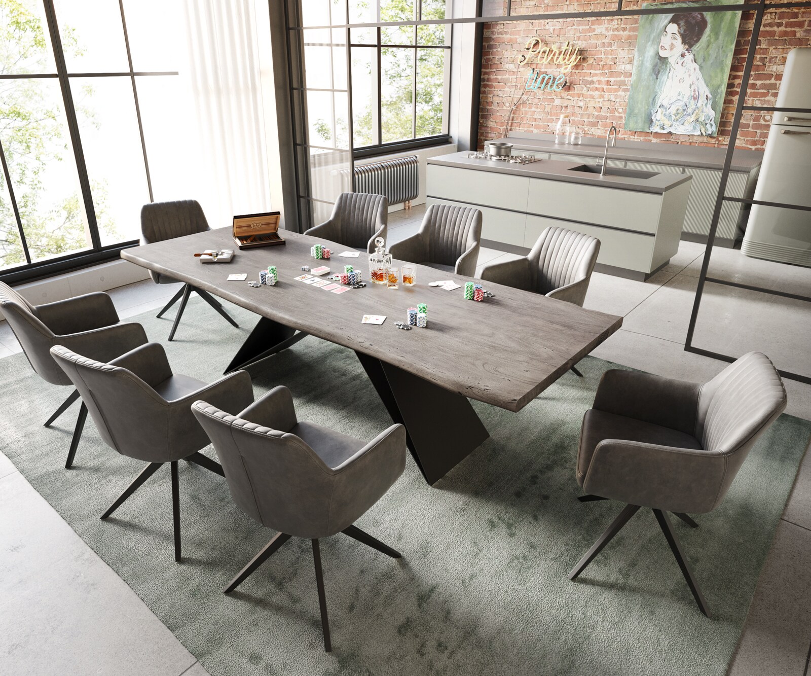 Esstisch Edge 260x100 Akazie Platin V-Gestell Flachstahl Schwarz Live-Edge 7