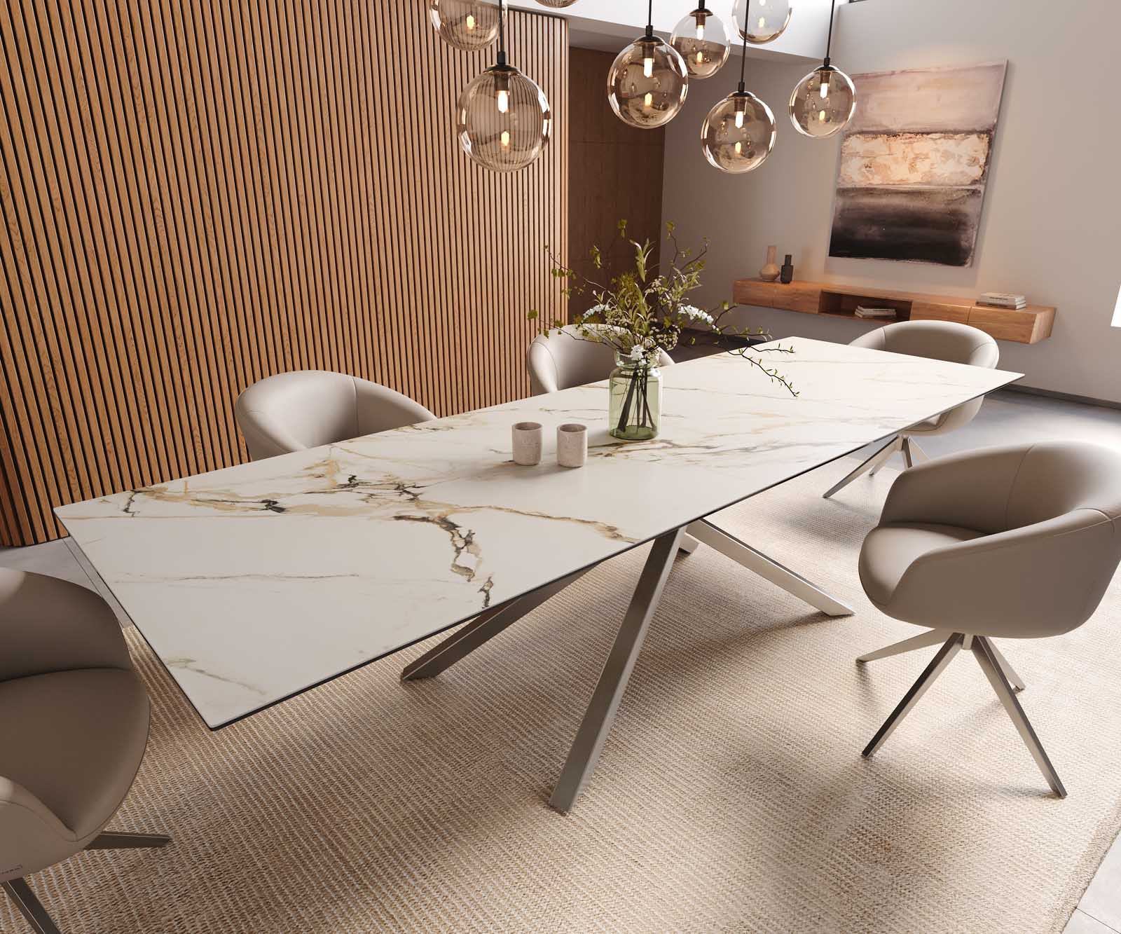Esstisch Edge 300x100 Keramik Calacatta Luxe Weiß-Gold-Grau Kreuzgestell Rechteck Edelstahl