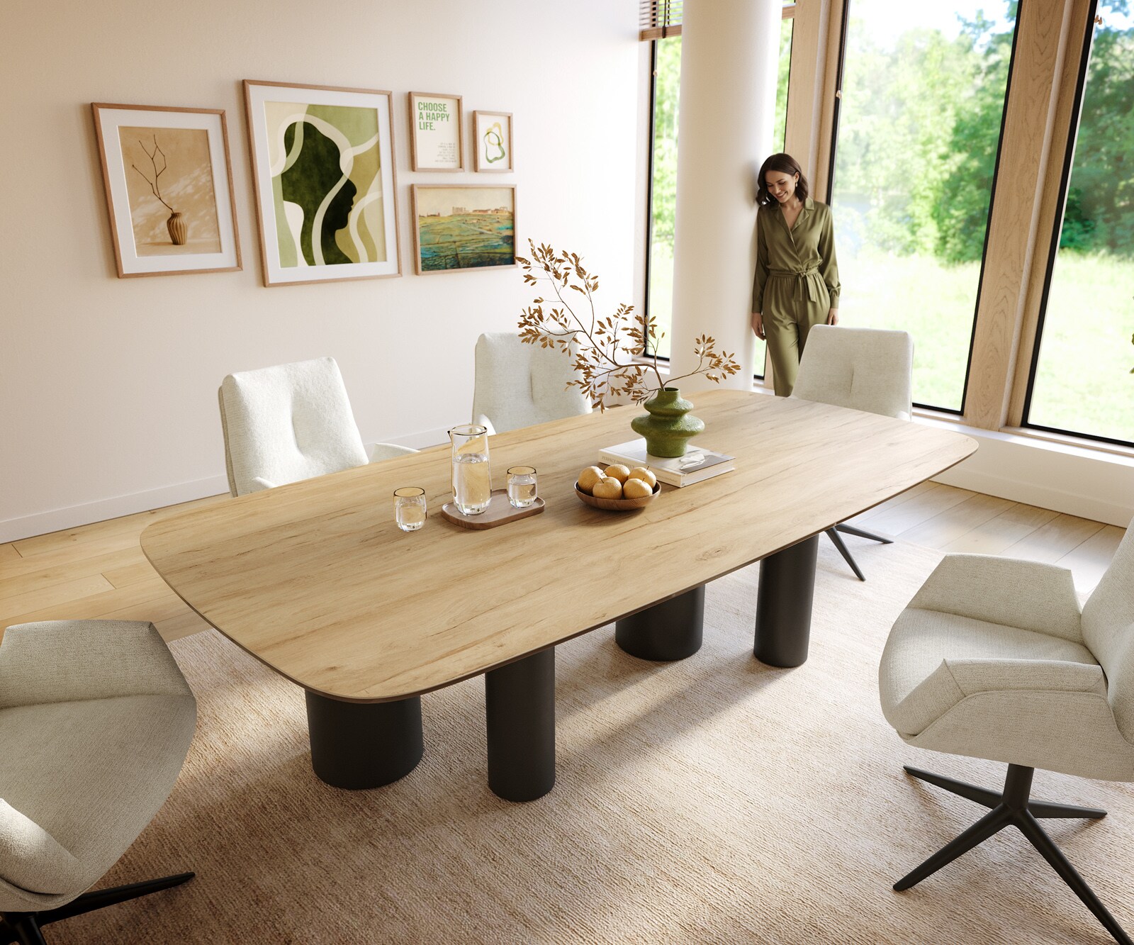 Table à manger Edge Boot 240x120 cm Céramique Laminam® Sabbia Eichefarbig Pilier Métal Noir