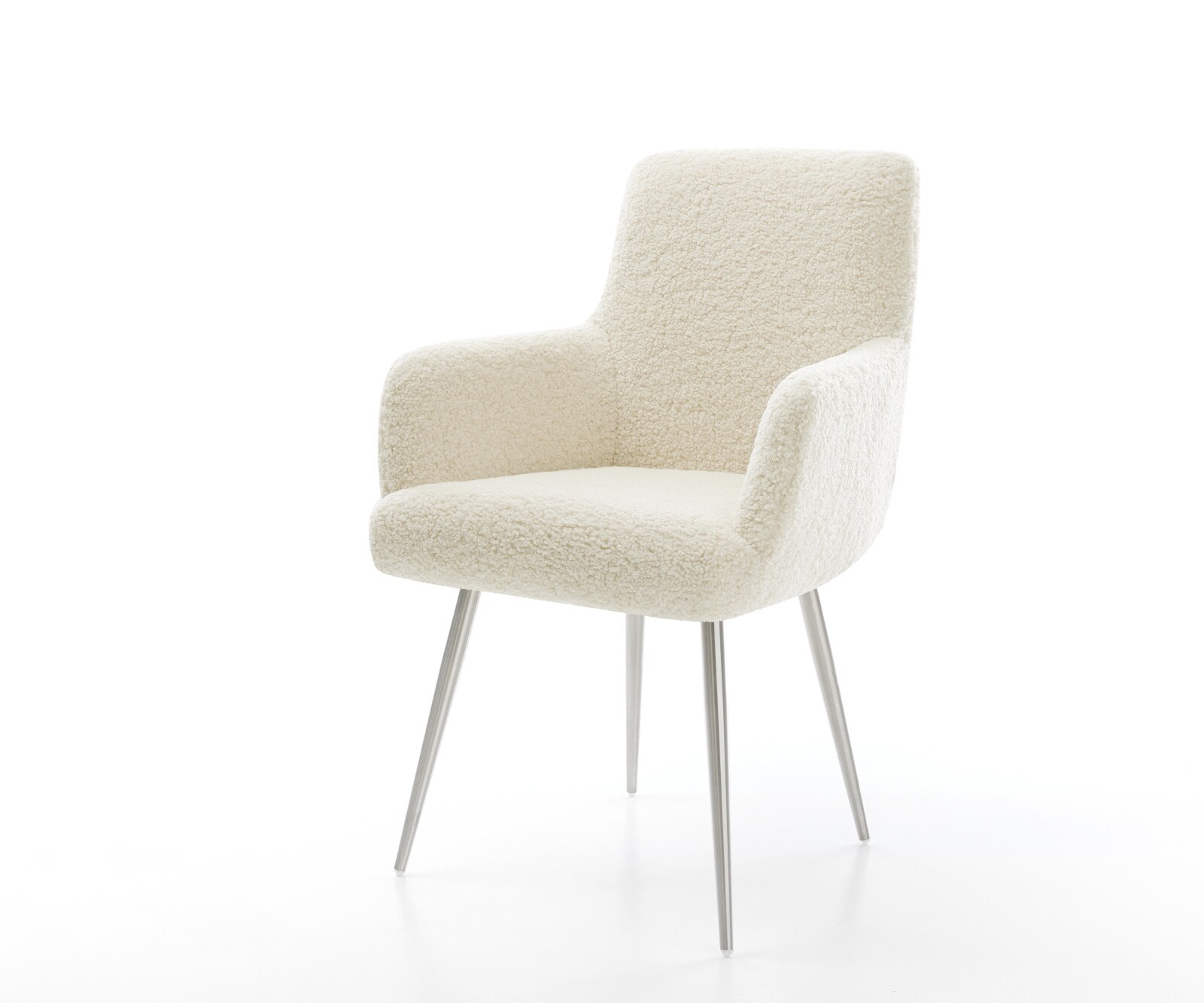 Esszimmerstuhl Heira-Flex mit Armlehnen Teddystoff Beige 4-Fuß konisch Edelstahl Taschenfederkern