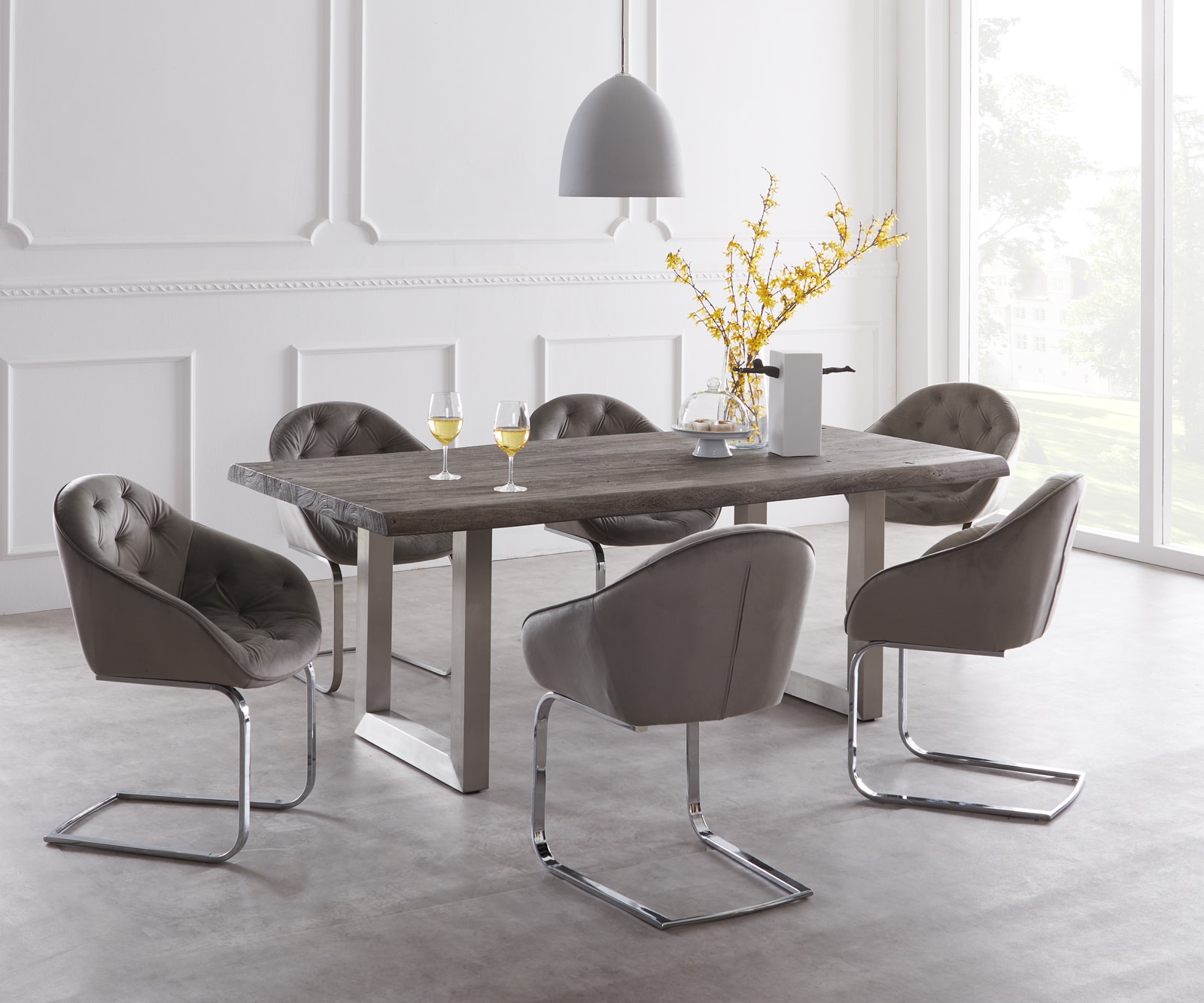 Esstisch Edge 200x100 XL Akazie Platin Edelstahl Breit Live-Edge Esstisch Edge 200x100 XL Akazie Platin Edelstahl Breit Live-Edge