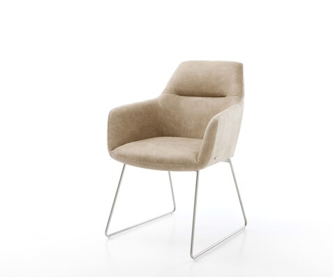 Chaise-de-salle-à-manger Pejo-Flex microvelours beige vintage pied trapèze acier inoxydable brossé ressorts ensachés