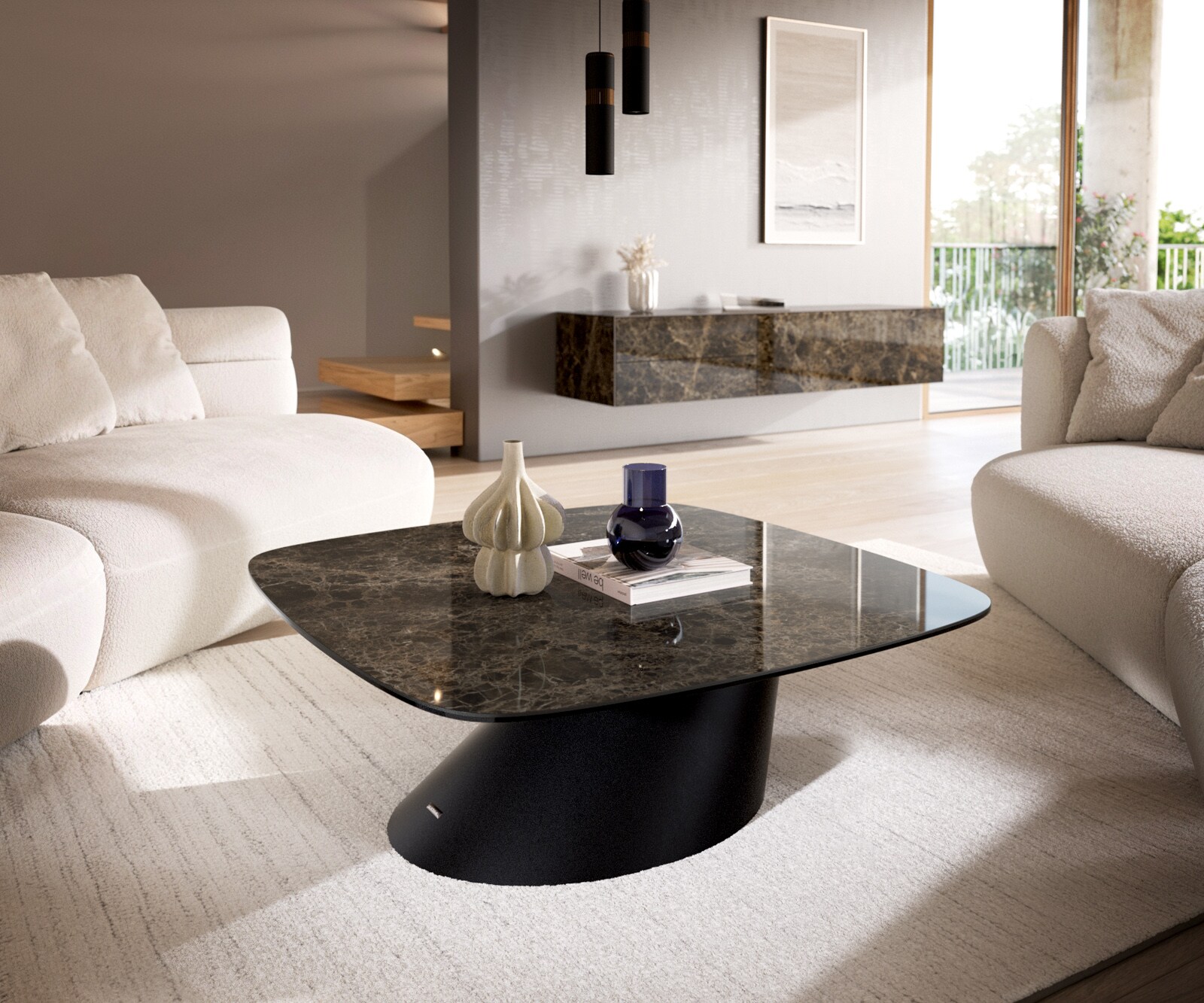 Table basse Edge bateau 90x90 cm céramique Emperador Extra Lucidato brun foncé Conis métal noir 1
