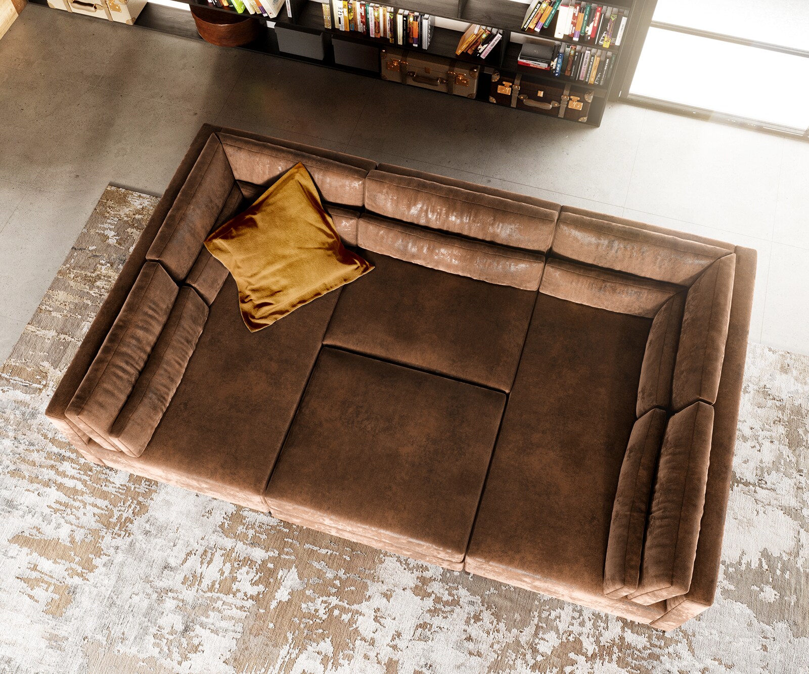 Wohnlandschaft Elio 300x185 cm Lederimitat Vintage Braun Antik mit Hocker 6