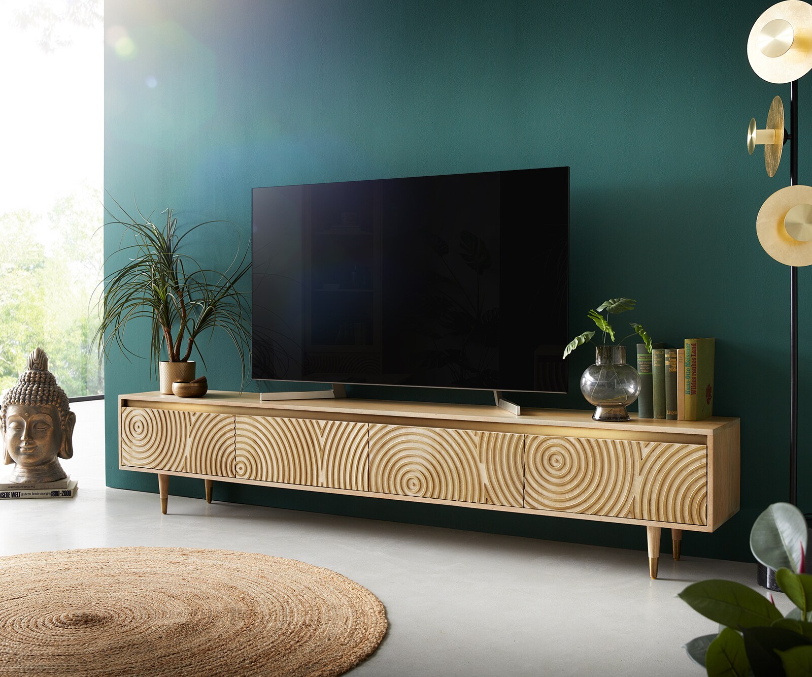 Meuble-TV Budaya 220 cm manguier naturel 4 portes pied conique 1