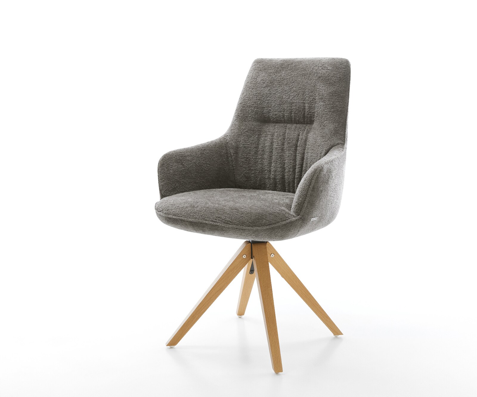 Chaise-pivotante Zelia-Flex avec accoudoirs bouclé doux couleur boue pied en bois angulaire naturel pivotement sur 180° resorts ensachés 1