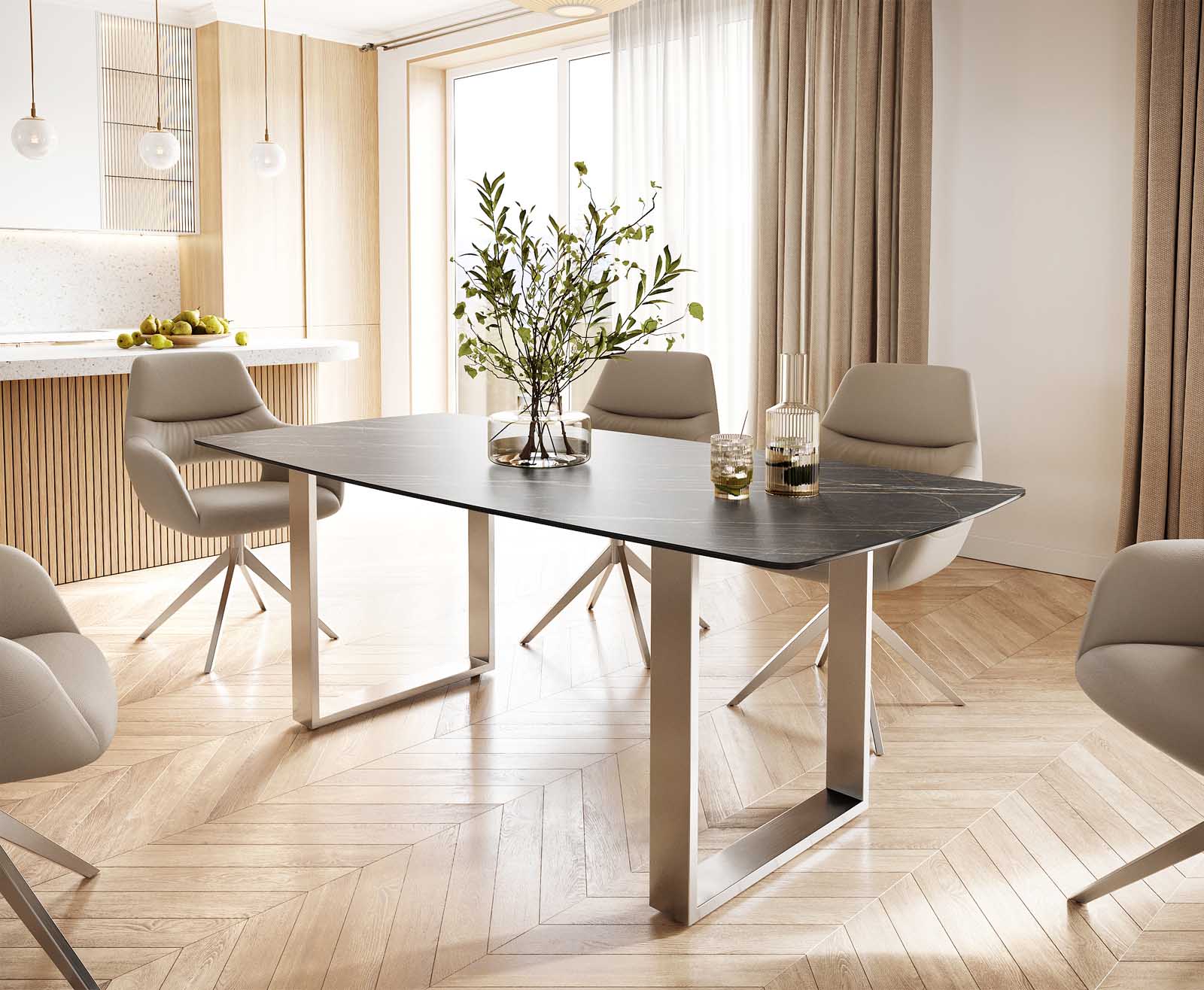 Table-à-manger Edge forme Boot 200x100 céramique Laminam® noir desir brun inox étroit Table-à-manger Edge forme Boot 200x100 céramique Laminam® noir desir brun inox étroit