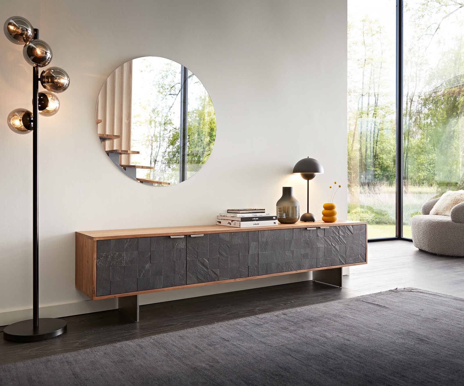 Lowboard Teele 200 cm Akazie Natur Schiefer 4 Türen Fuß schwebend Edelstahl Lowboard Teele 200 cm Akazie Natur Schiefer 4 Türen Fuß schwebend Edelstahl