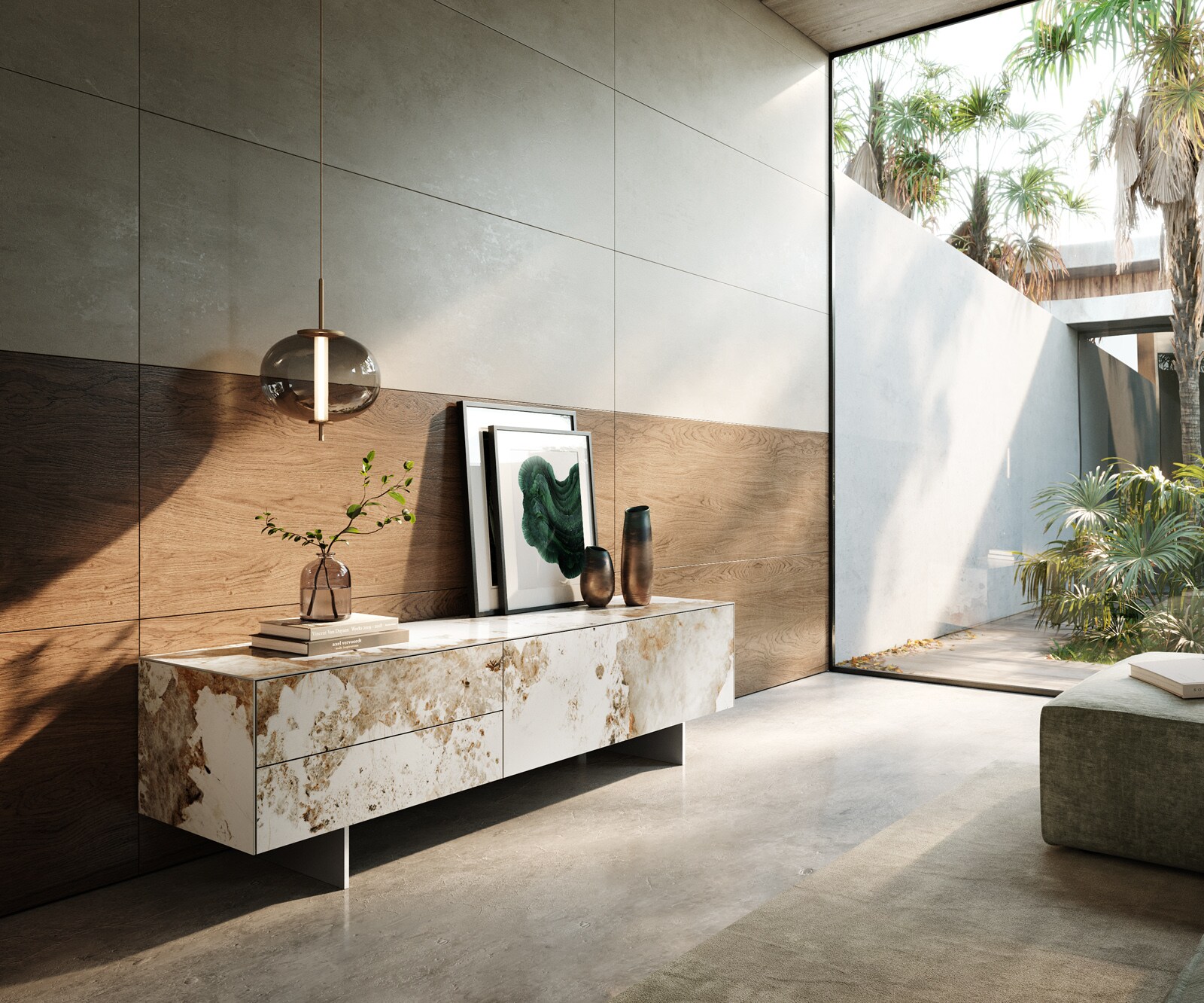 Meuble-TV Cuor 180 cm Céramique Minas Melange Blanc-beige 1 Clapet 2 Tiroirs Pied optique flottant Ancier inoxydable 1