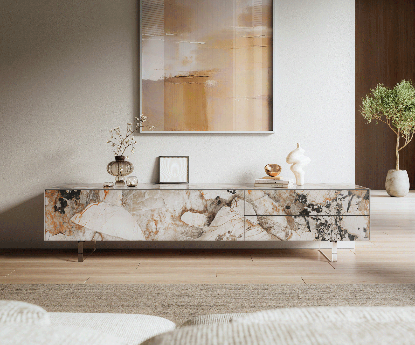 Lowboard Cuor 220 cm Keramik Patagonia Poliert 1 Klappe 2 Schubfächer Fuß Schwebeoptik Acrylglas 2