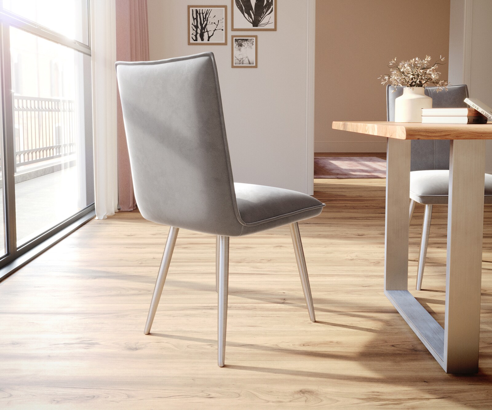 Esszimmerstuhl Lelio-Flex Samt Grau 4-Fuß konisch Edelstahl Taschenfederkern 4 Esszimmerstuhl Lelio-Flex Samt Grau 4-Fuß konisch Edelstahl Taschenfederkern 4