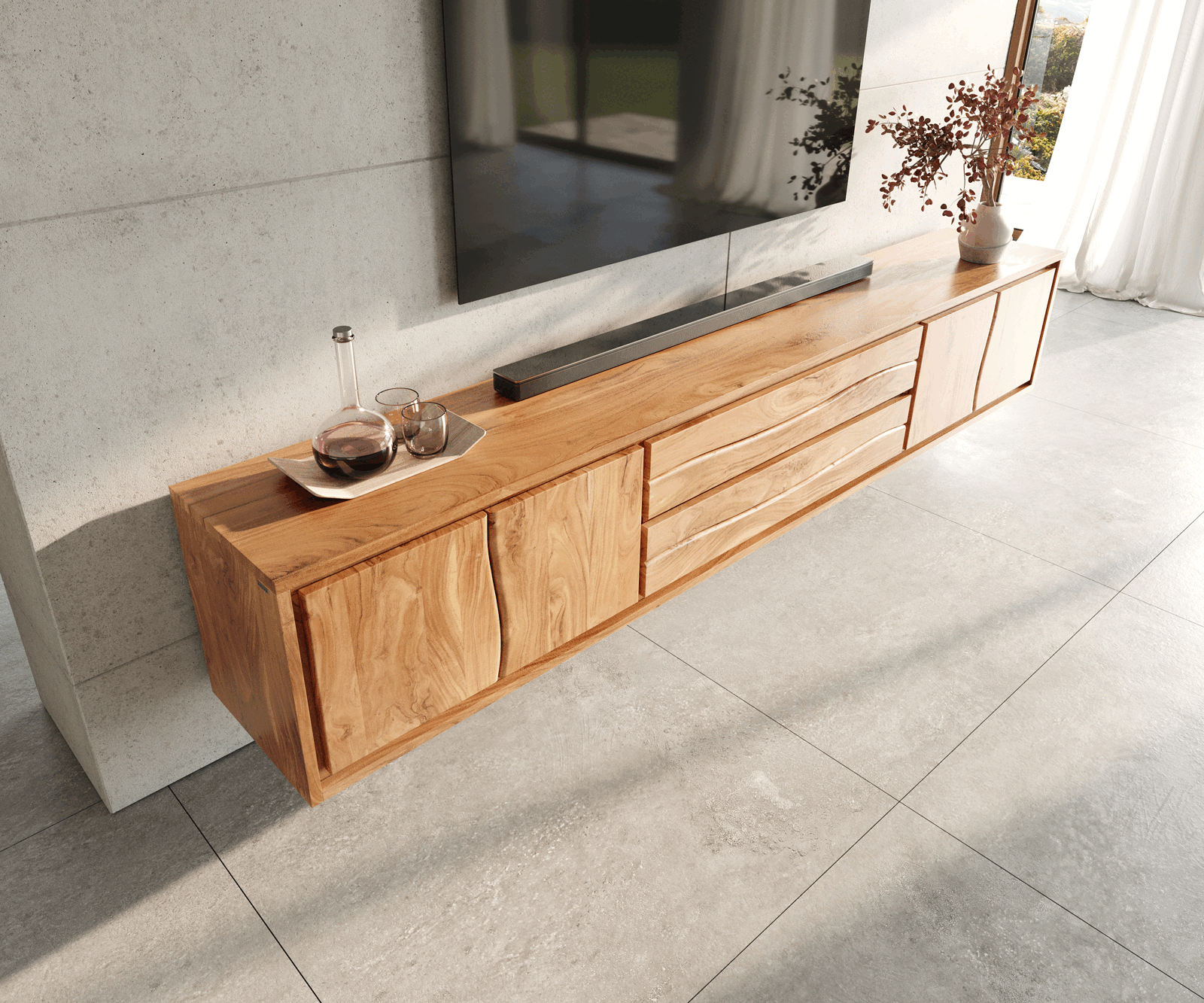 Meuble-TV Live-Edge 300 cm acacia naturel 4 portes 2 tiroirs suspendus 4
