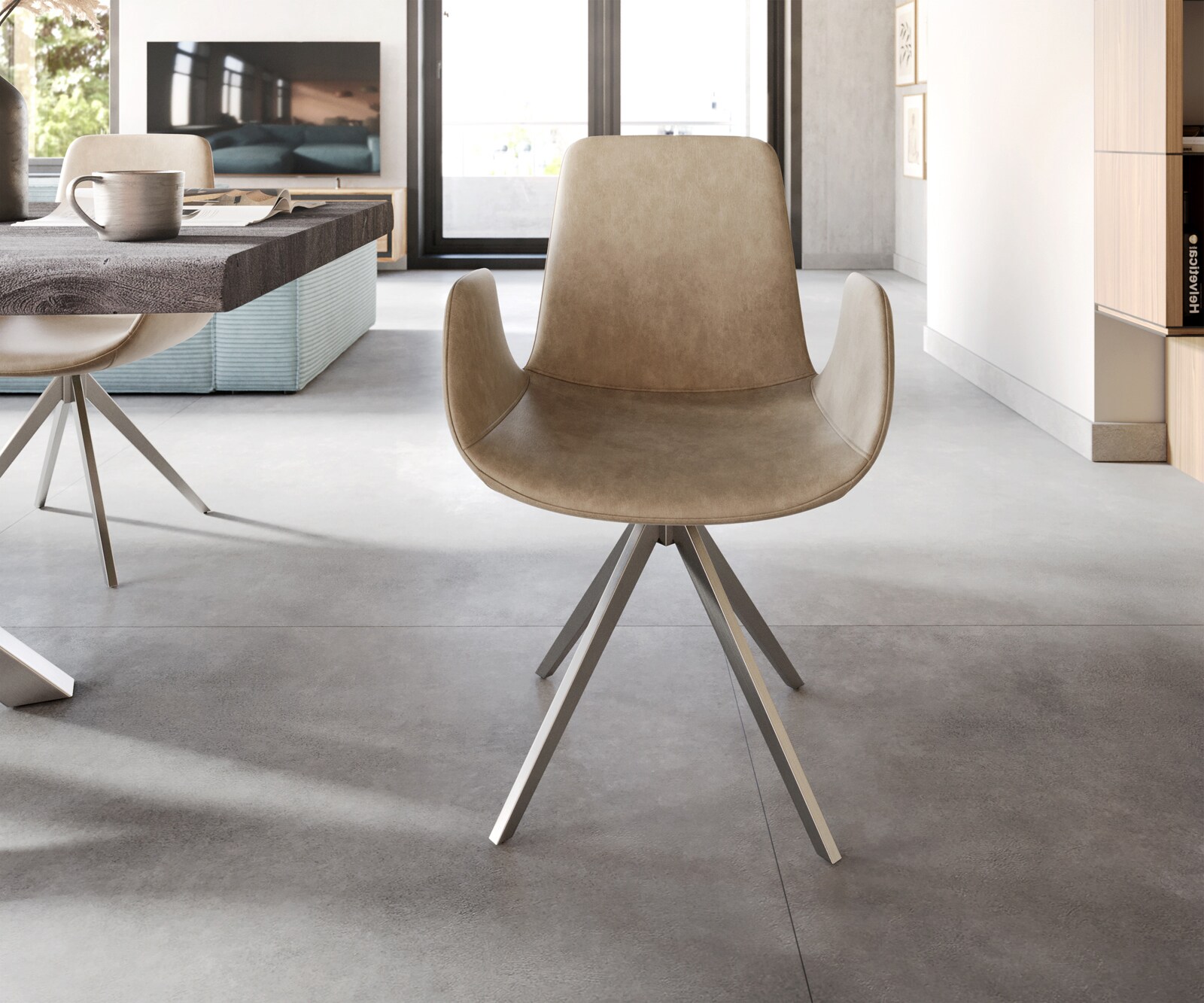 Esszimmerstuhl Ilia-Flex mit Armlehnen Mikrofaser Beige Vintage Kreuzgestell kantig Edelstahl 1 Esszimmerstuhl Ilia-Flex mit Armlehnen Mikrofaser Beige Vintage Kreuzgestell kantig Edelstahl 1
