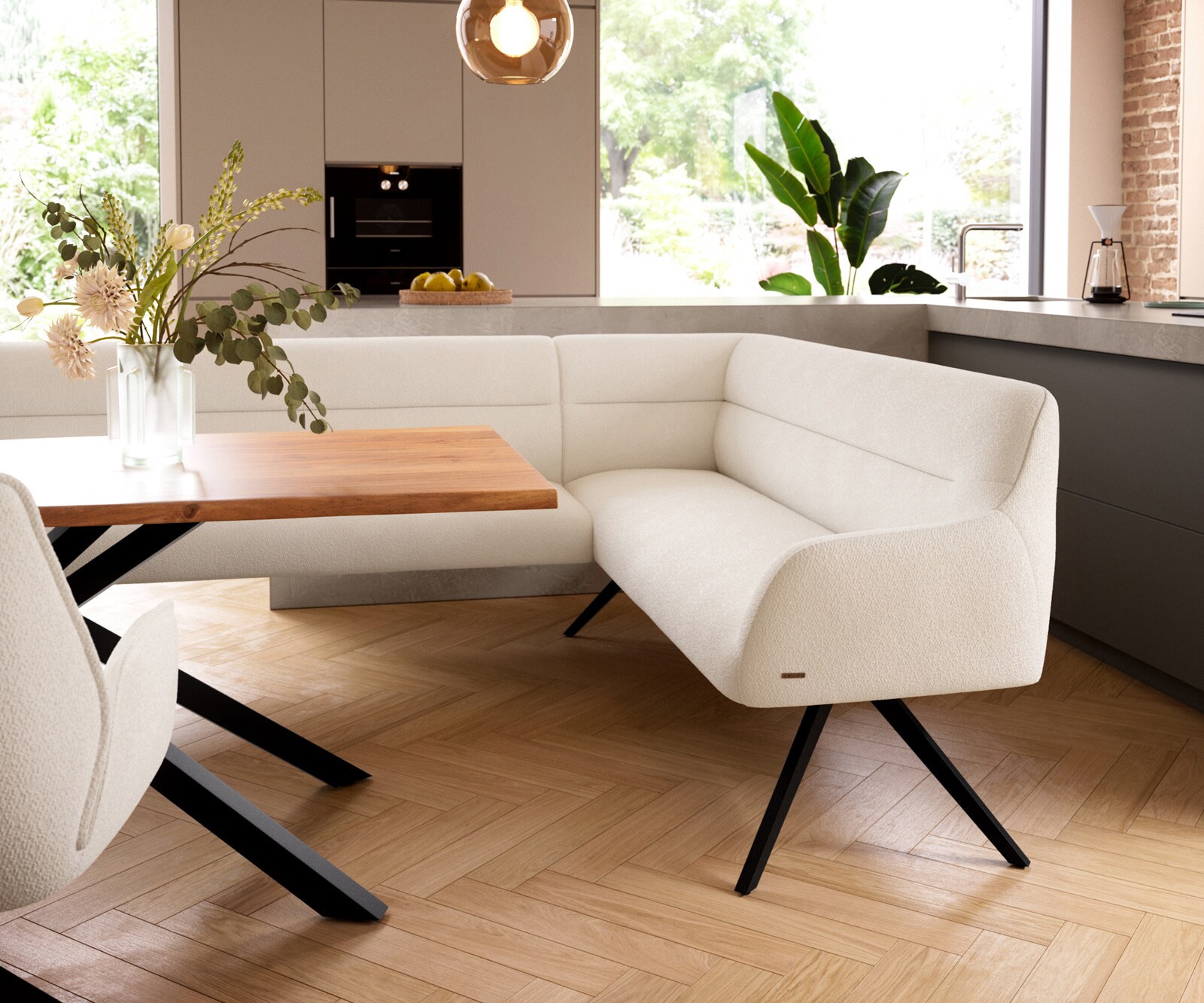 Banc-de-salle-à-manger Taya-Flex 285x190 cm bouclé crème-blanc pied croisé angulaire noir ressort ensaché liens 5