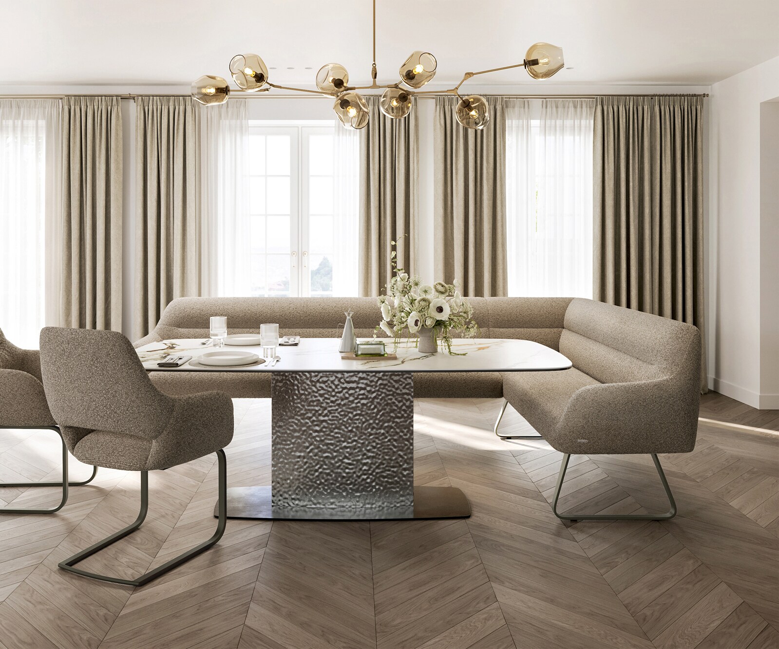 Esszimmerbank Taya-Flex 285x190 cm Bouclé Schlamm Kufengestell flach Effektfinish Titan Taschenfederkern Links 1