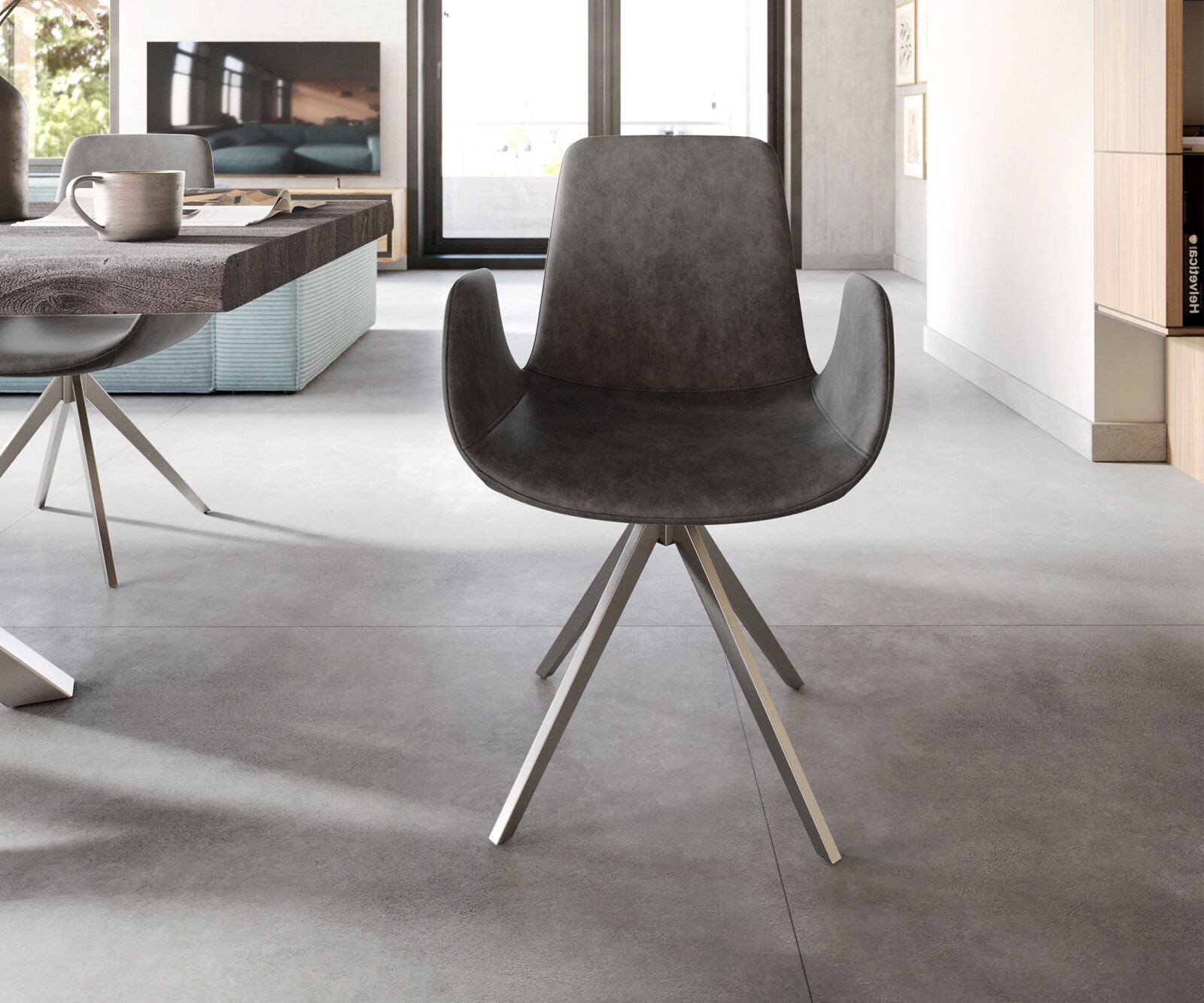 Esszimmerstuhl Ilia-Flex mit Armlehnen Mikrofaser Anthrazit Vintage Kreuzgestell kantig Edelstahl 1 Esszimmerstuhl Ilia-Flex mit Armlehnen Mikrofaser Anthrazit Vintage Kreuzgestell kantig Edelstahl 1