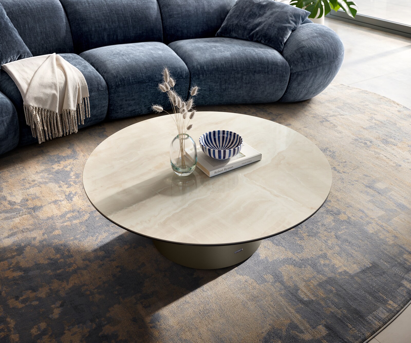 Table basse Edge ronde 100x100 cm céramique Onyx Champagne Borna finition effet titane 2