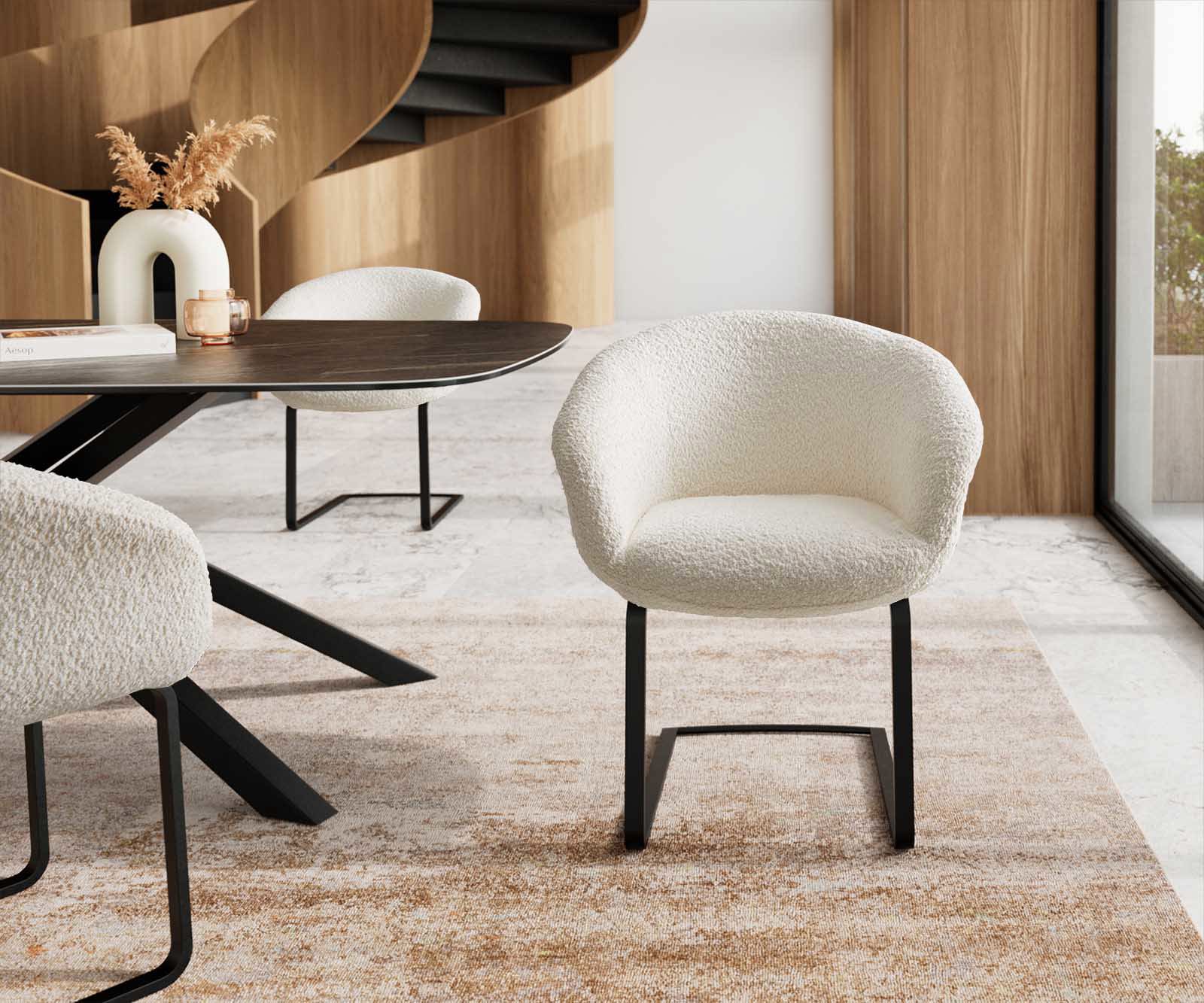 Cantilever Vinka-Flex avec accoudoirs bouclé blanc pied cantilever plat noir ressorts ensachés 1