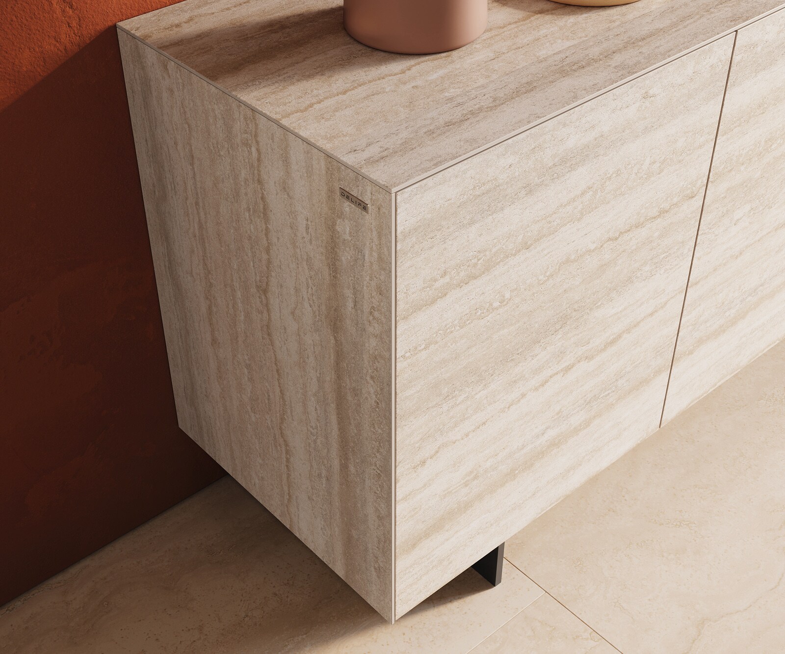 Sideboard Cuor 150 cm Keramik Laminam® Travertino Bianco Creme-Weiß 3 Türen Fuß Schwebeoptik Metall Schwarz 5