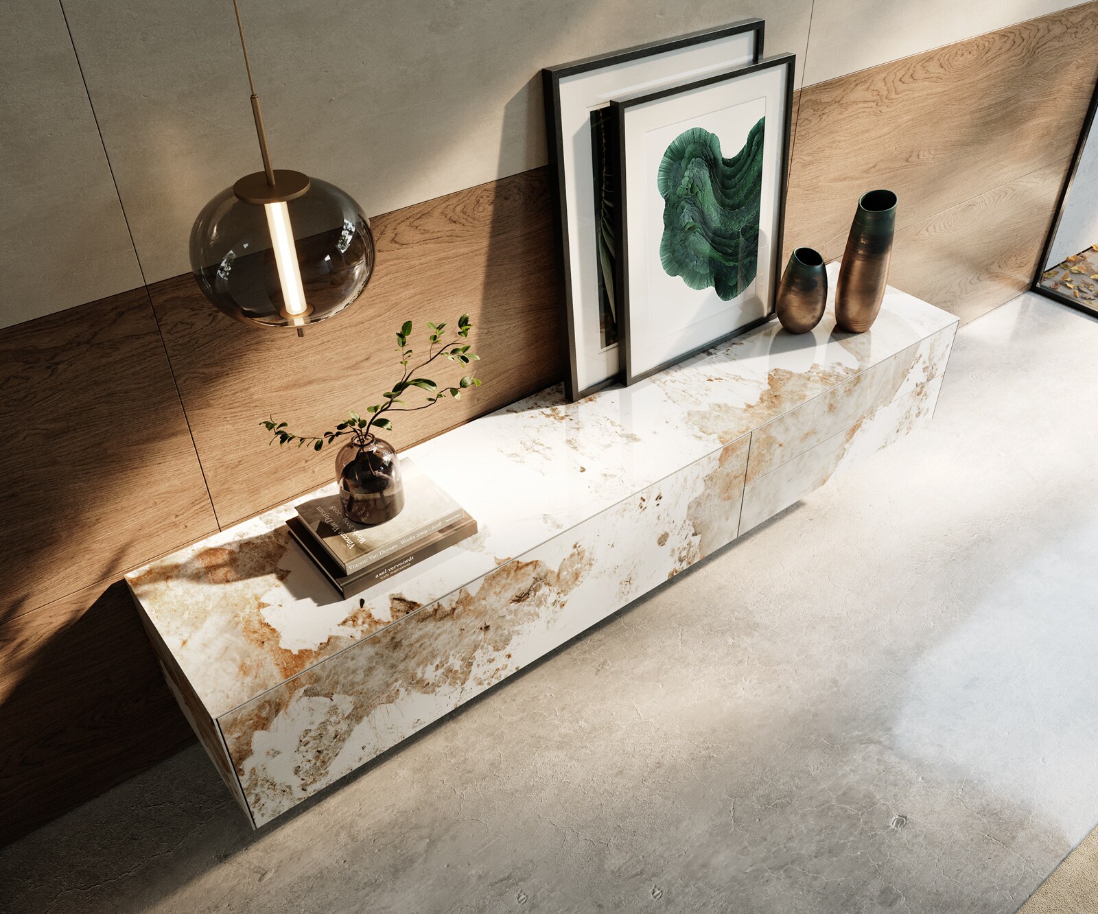 Lowboard Cuor 220 cm Keramik Minas Melange Weiß-Beige 1 Klappe 2 Schubfächer Schwebend 4