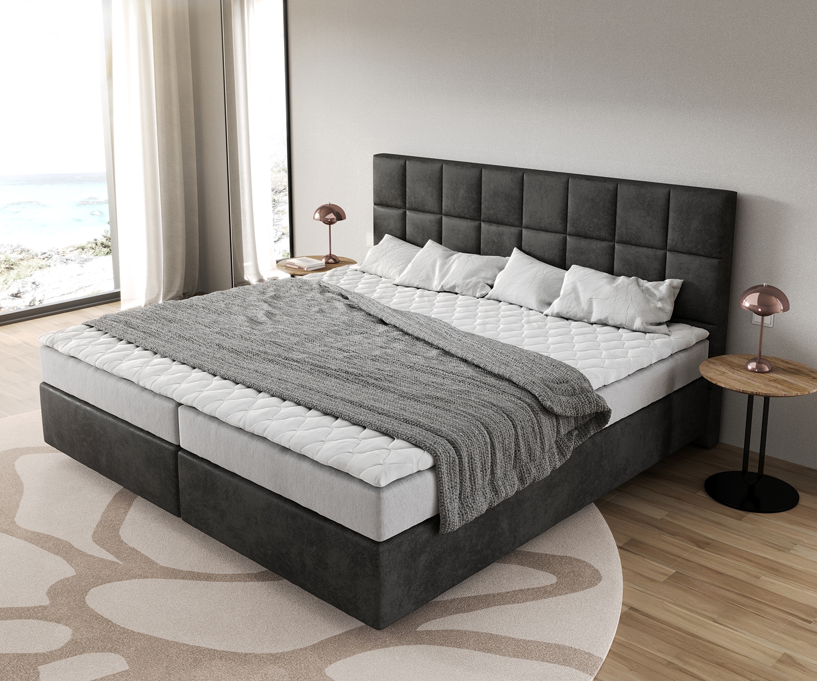 Boxspringbett Dream-Fine Mikrofaser Anthrazit Vintage 200x200 cm Bonell-Matratze PU-Topper 3 Boxspringbett Dream-Fine Mikrofaser Anthrazit Vintage 200x200 cm Bonell-Matratze PU-Topper 3