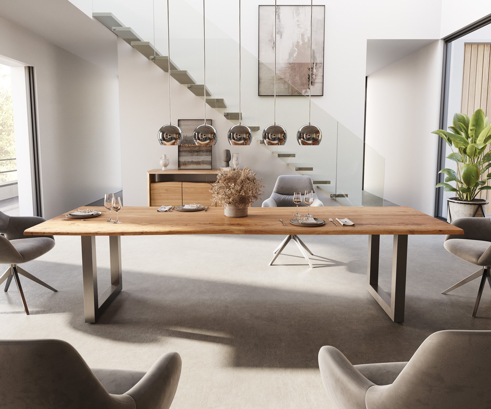 Table-à-manger Edge 300x100 acacia nature acier inoxydable large Live-Edge 2