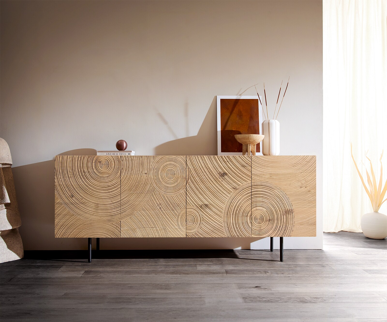 Sideboard Ashara 200 cm Eiche Natur 3D Effekt 4 Türen Rundfuß Metall Schwarz