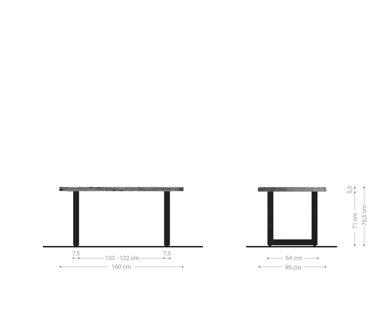 Table-à-manger Edge 160x90cm XL acacia nature acier inoxydable large Live-Edge 6