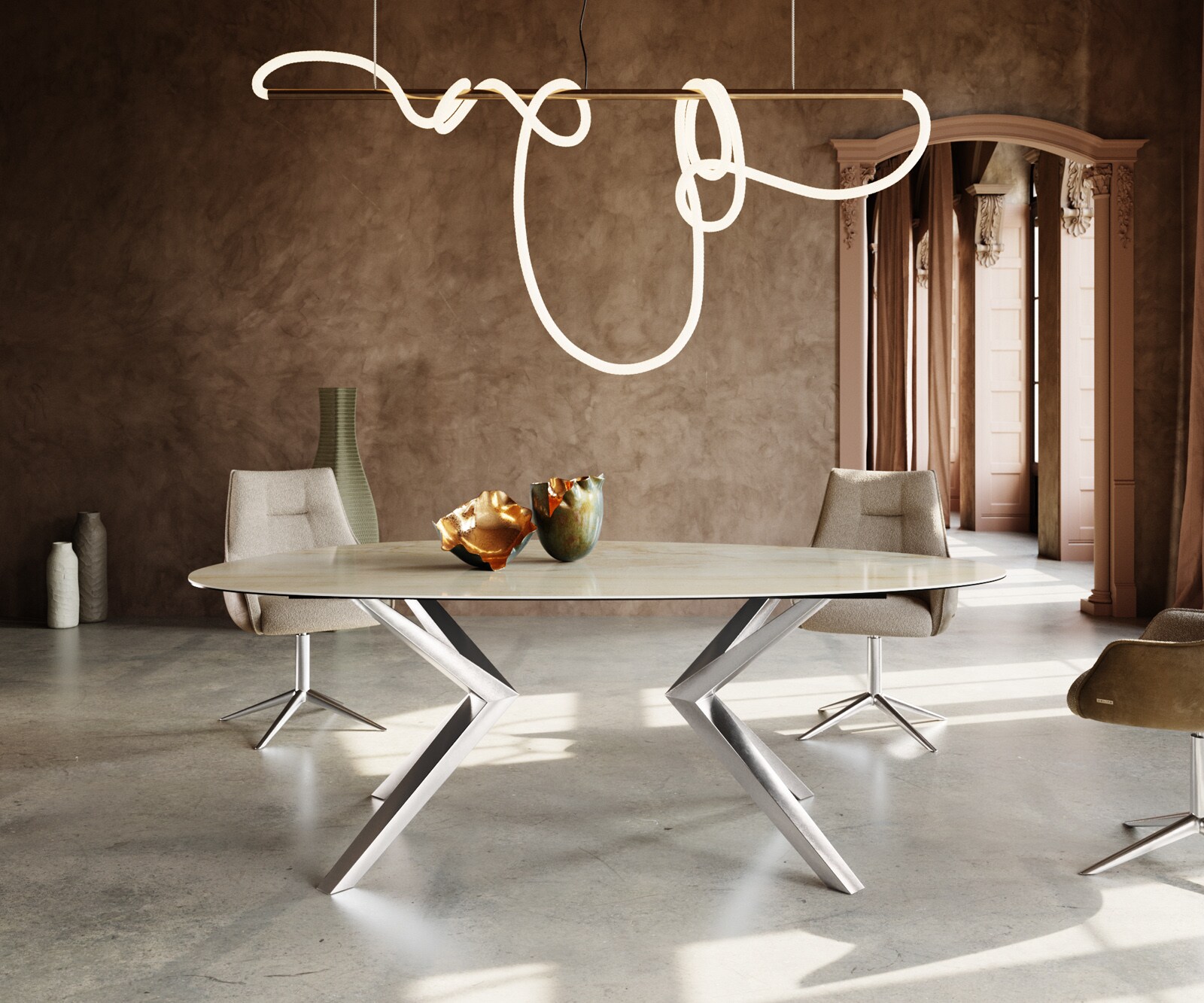 Esstisch Edge Oval 220x120 Keramik Iris FMG Onice Oro Zenthara kantig Edelstahl 1