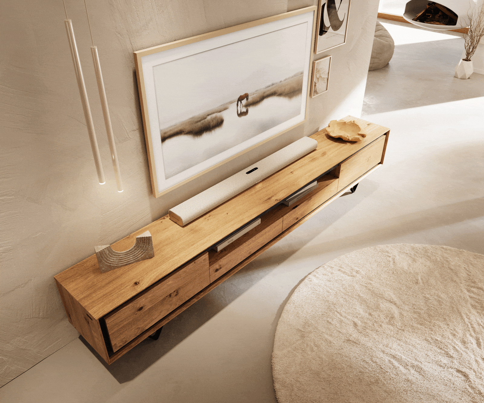 Meuble TV Stonegrace 240 cm Chêne naturel 2 portes 1 compartiment 2 tiroirs Placage pierre Pied en V métal noir 3 Meuble TV Stonegrace 240 cm Chêne naturel 2 portes 1 compartiment 2 tiroirs Placage pierre Pied en V métal noir 3