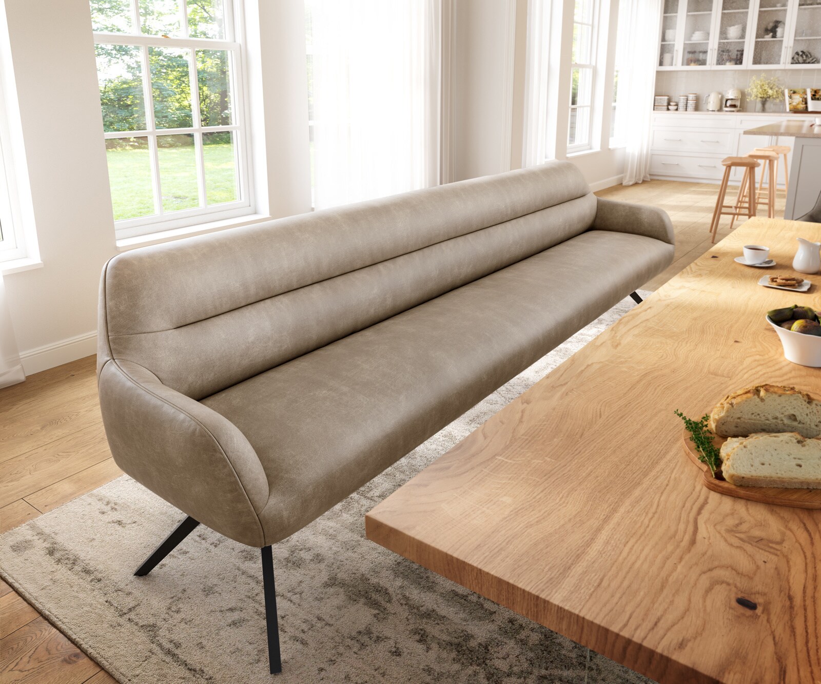 Esszimmerbank Taya-Flex 300 cm Mikrofaser Beige Vintage Kreuzgestell kantig Schwarz Taschenfederkern 1