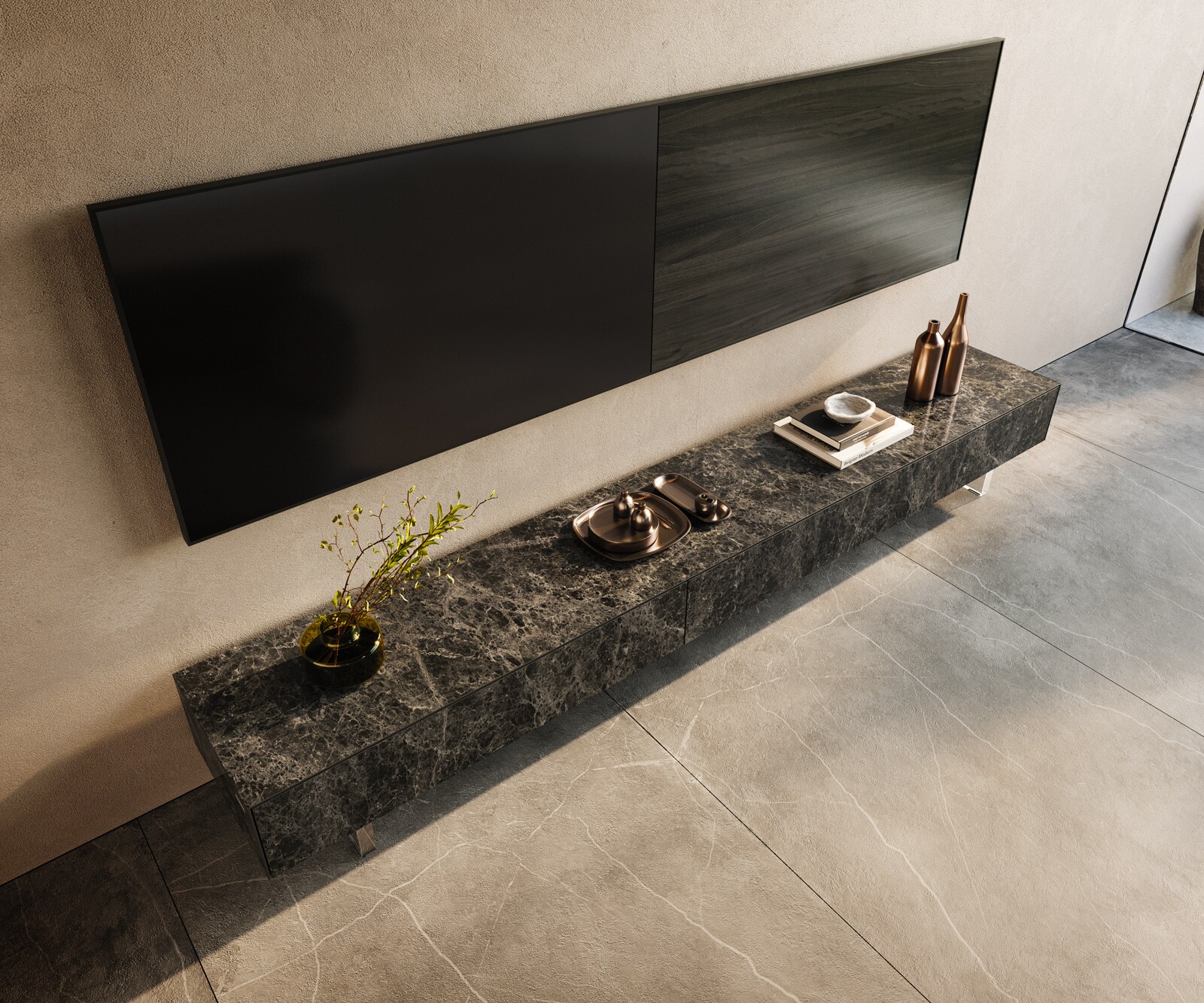 Lowboard Cuor 250 cm Keramik Laminam® Emperador Extra Lucidato Dunkelbraun 1 Klappe 1 Schubfach Fuß Schwebeoptik Acrylglas 3