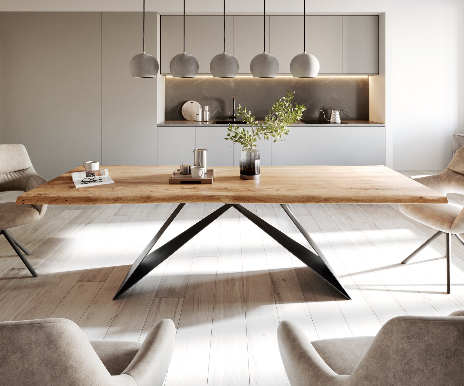 Esstisch Edge 260x100 Akazie Natur V-Gestell Flachstahl Schwarz Live-Edge 2