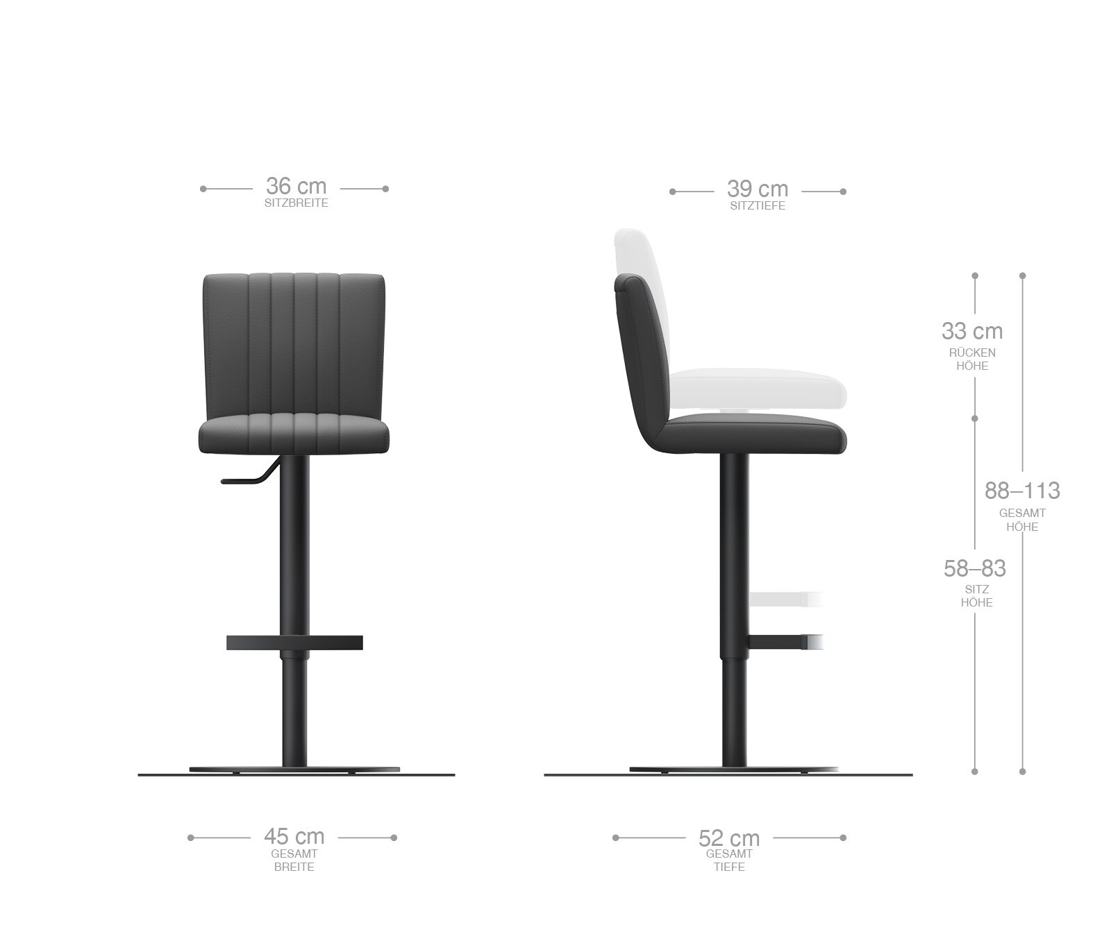 Chaise-de-bar Luiga-Flex tissu texturé gris clair pied pivotant réglable en hauteur métal 4