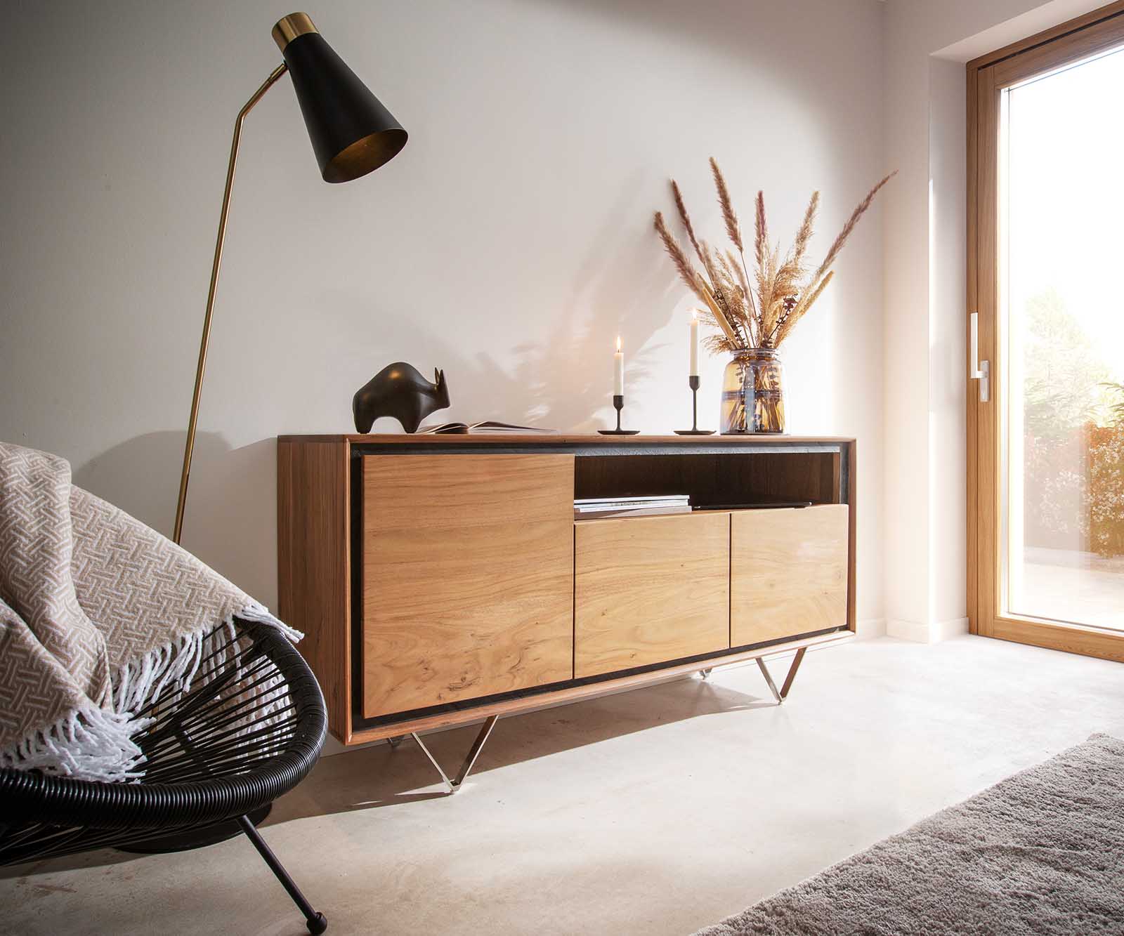 Buffet Stonegrace 200 cm acacia nature 4 portes placage en pierre pieds en V 5
