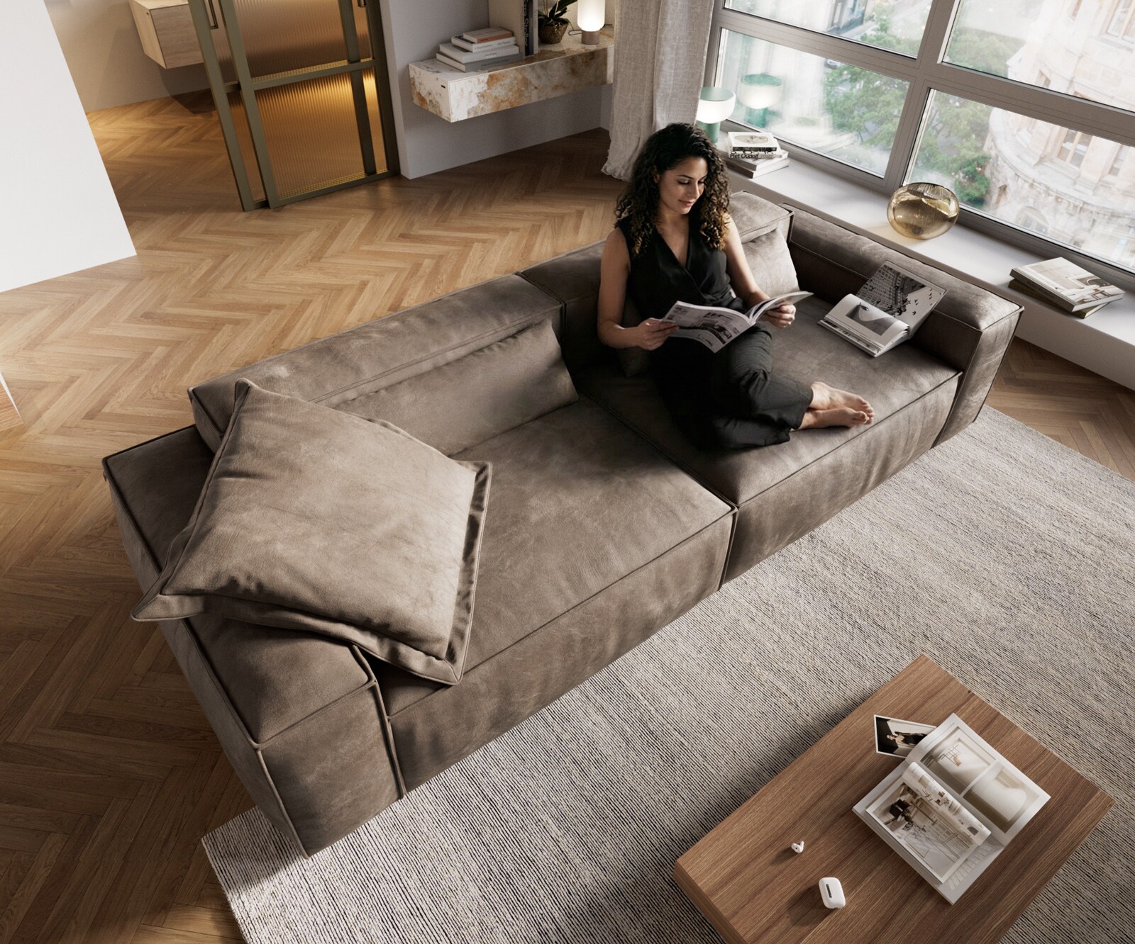 Big-Sofa Freestyle 280x110 cm Mikrofaser Taupe Vintage Kedernaht 4