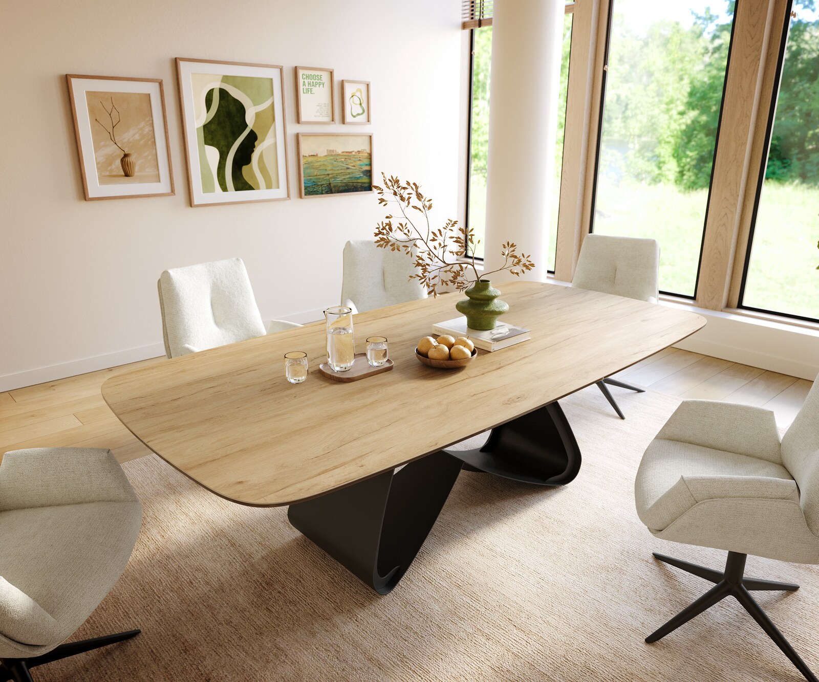 Table à manger Edge Boot 240x120 cm Céramique Laminam® Sabbia Eichefarbig piètement en W Métal Noir