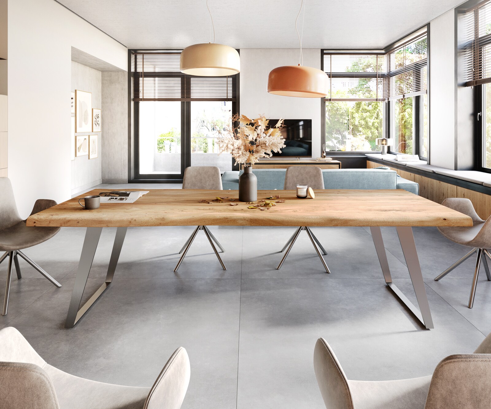Table-à-manger Edge 260x100cm XL acacia nature acier inoxydable argent incliné Live-Edge 2