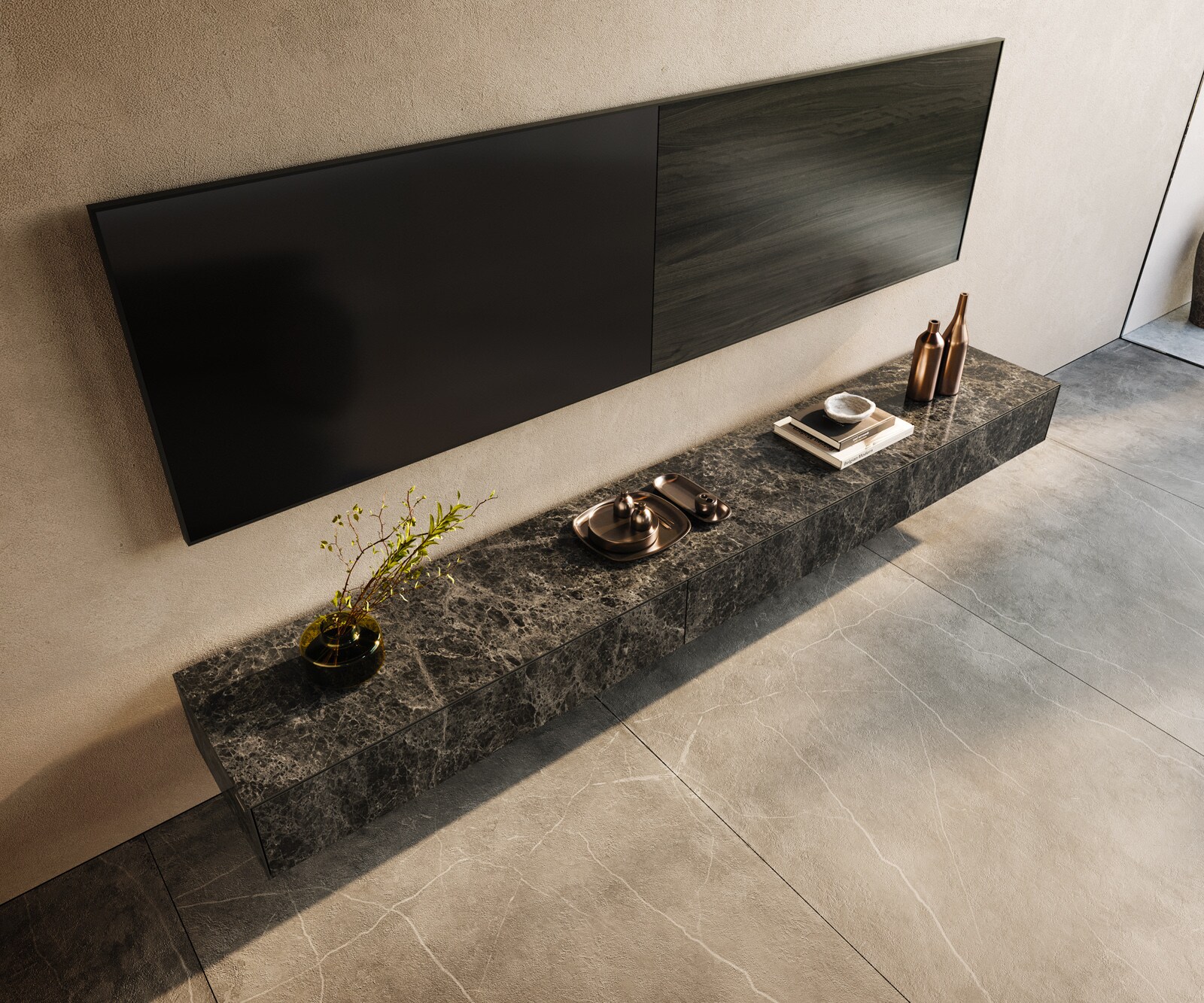Meuble-TV Cuor 250 cm Céramique Laminam® Emperador Extra Lucidato brun foncé 1 Clapet 1 Tiroir Flottant 4
