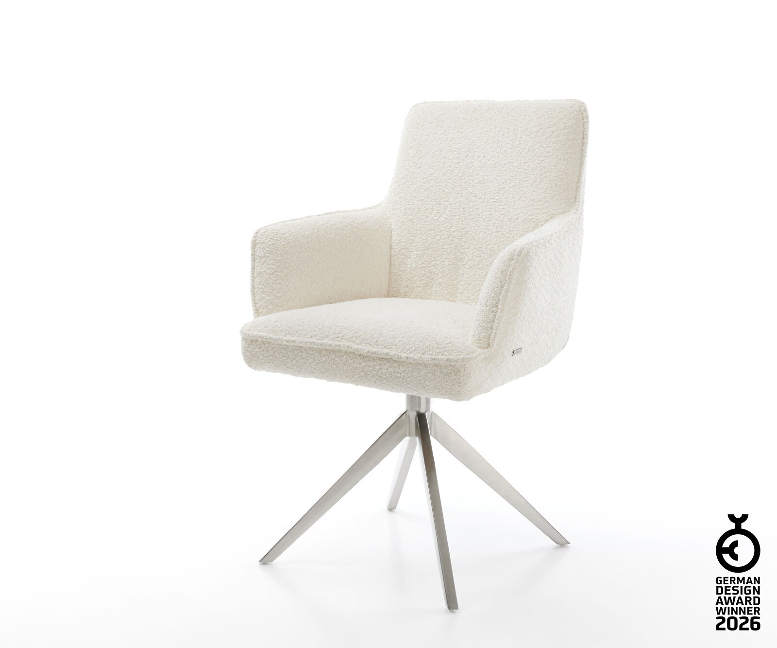 Chaise-pivotante Heira-Flex bouclé blanc pied croisé large acier inoxydable brossé pivotement sur 360° fonction bascule ressorts ensachés