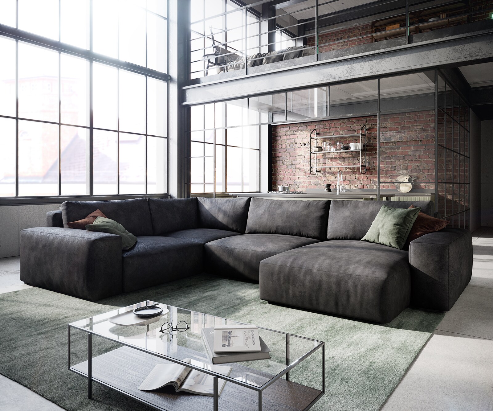 Grand canapé d’angle Lanzo 300x210 cm similicuir vintage anthracite méridienne réversible