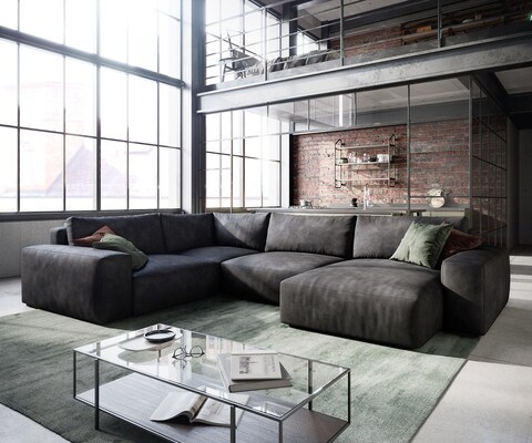 Wohnlandschaft Lanzo 300x210 cm Lederimitat Vintage Anthrazit Recamiere variabel