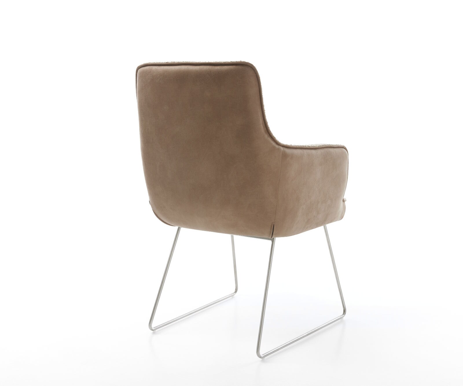 Chaise-de-salle-à-manger Heira-Flex avec accoudoirs tissu mixte couleur boue pied trapèze acier inoxydable brossé ressorts ensachés 5