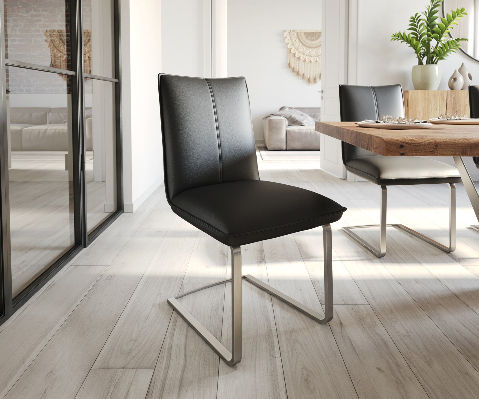 Schwingstuhl Lelio-Flex Echt-Leder Schwarz Freischwinger flach Edelstahl  Taschenfederkern