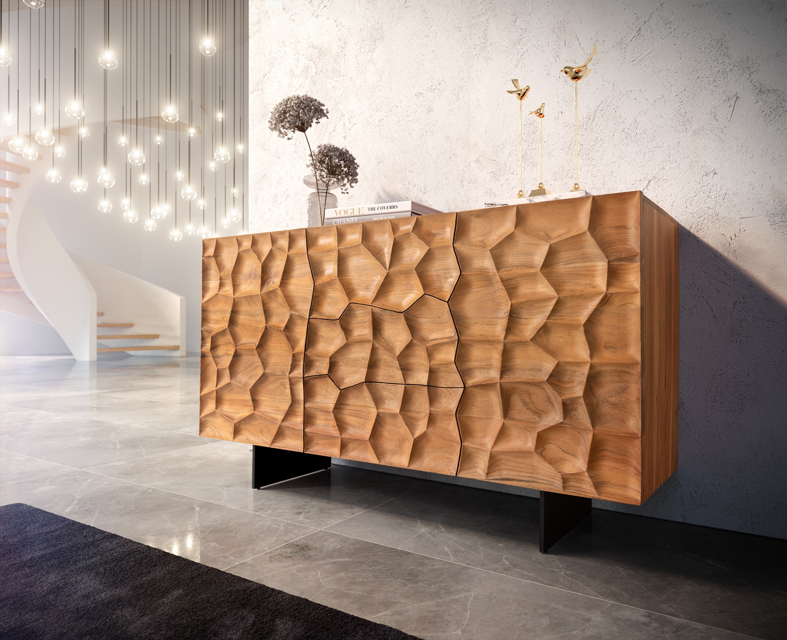 Sideboard Solu 145 cm Akazie Natur 2 Türen 3 Schübe Fuß schwebend Metall Schwarz 3D-Front Sideboard Solu 145 cm Akazie Natur 2 Türen 3 Schübe Fuß schwebend Metall Schwarz 3D-Front