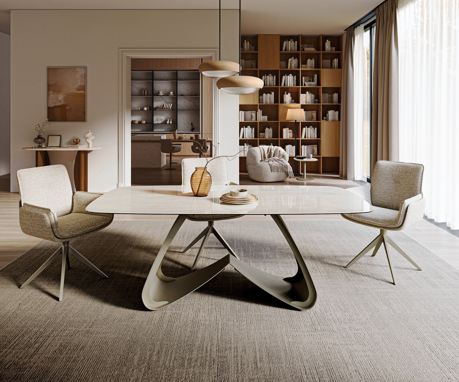 Esstisch Edge Boot 200x100 cm Keramik Onyx Champagne W-Gestell Metall Effektfinish Titan 1