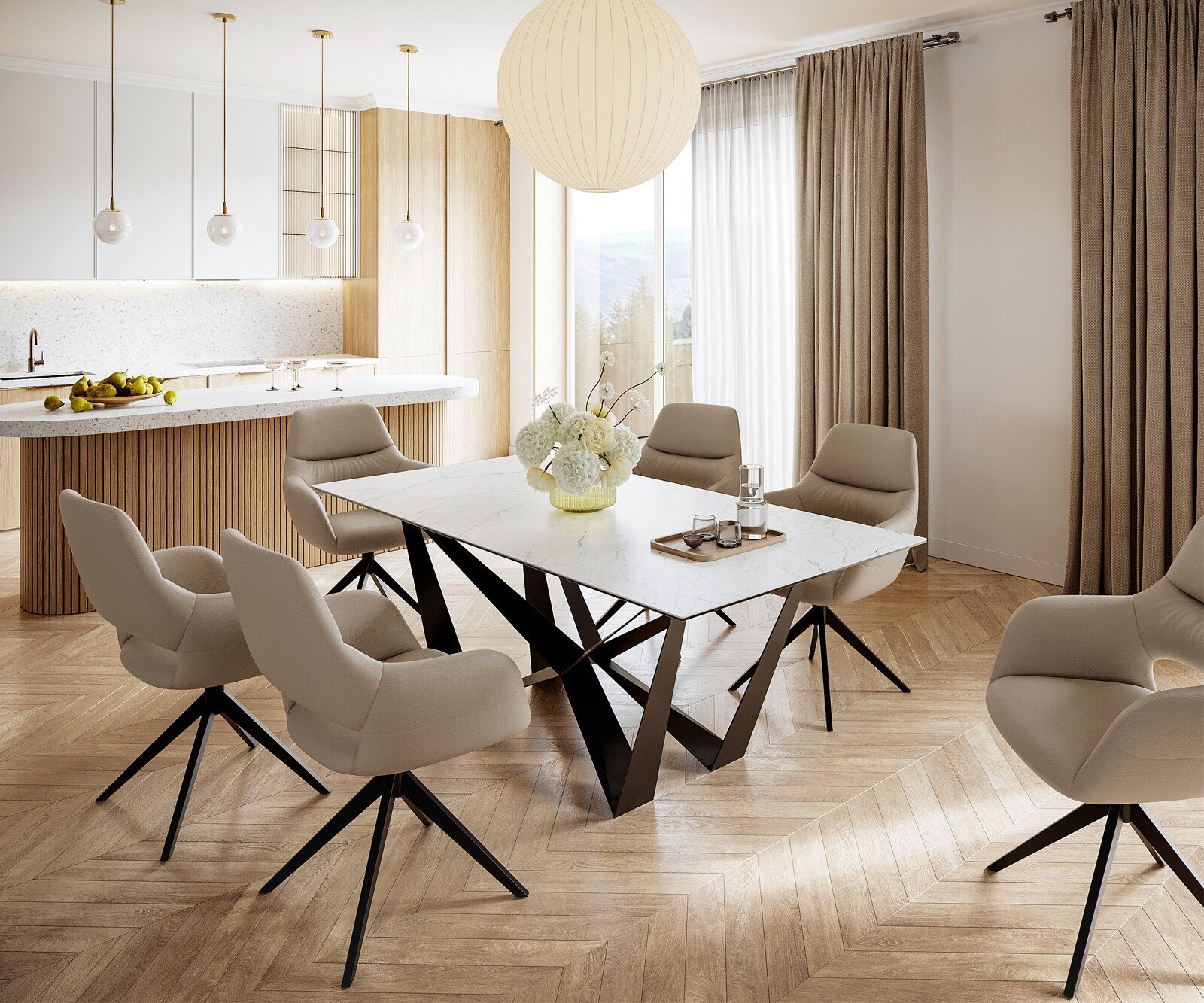 Table-à-manger Edge 200x100cm Laminam® céramique blanc pieds milieu acier plat noir 5