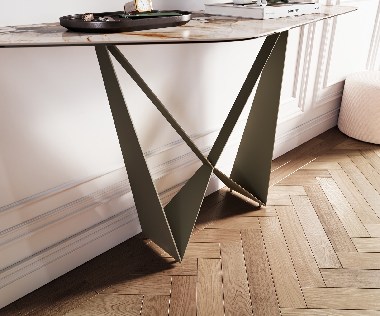 Konsolentisch Edge Polygonal 140x50 cm Keramik Patagonia Poliert Spios Metall Effektfinish Titan 6
