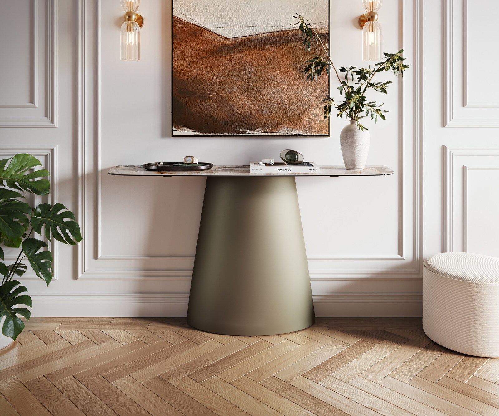 Console Edge forme bateau 140x40 cm Céramique Patagonia Poliert Conos Métal Effektfinish Titan 1